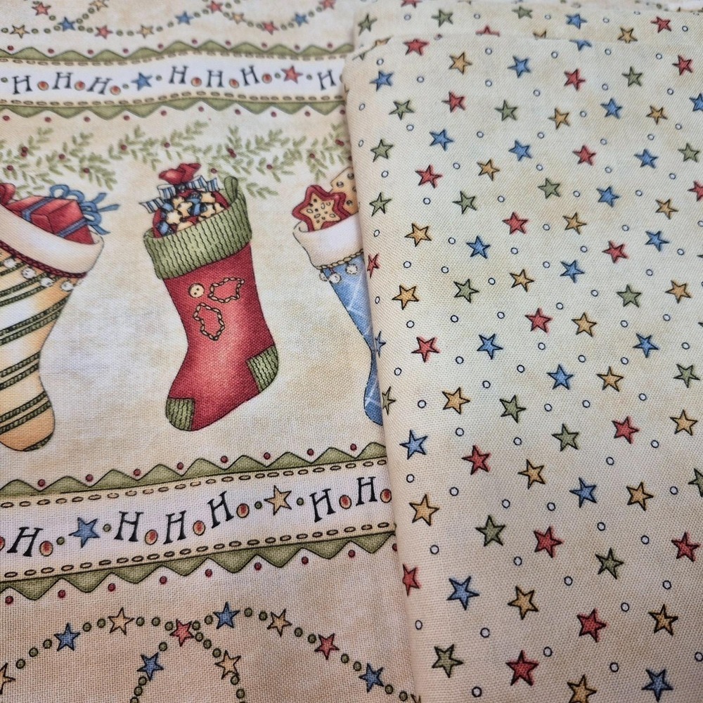 Ho! Ho! Ho! Maywood Studio Light Stars Tan (1 1/4 Yd) Stockings (1.5 Yd) Fabric